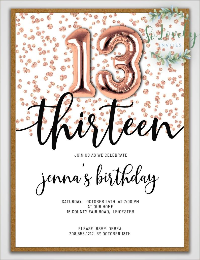 13th Heart 13th Birthday Printables Rose Gold 13th Birthday Card 