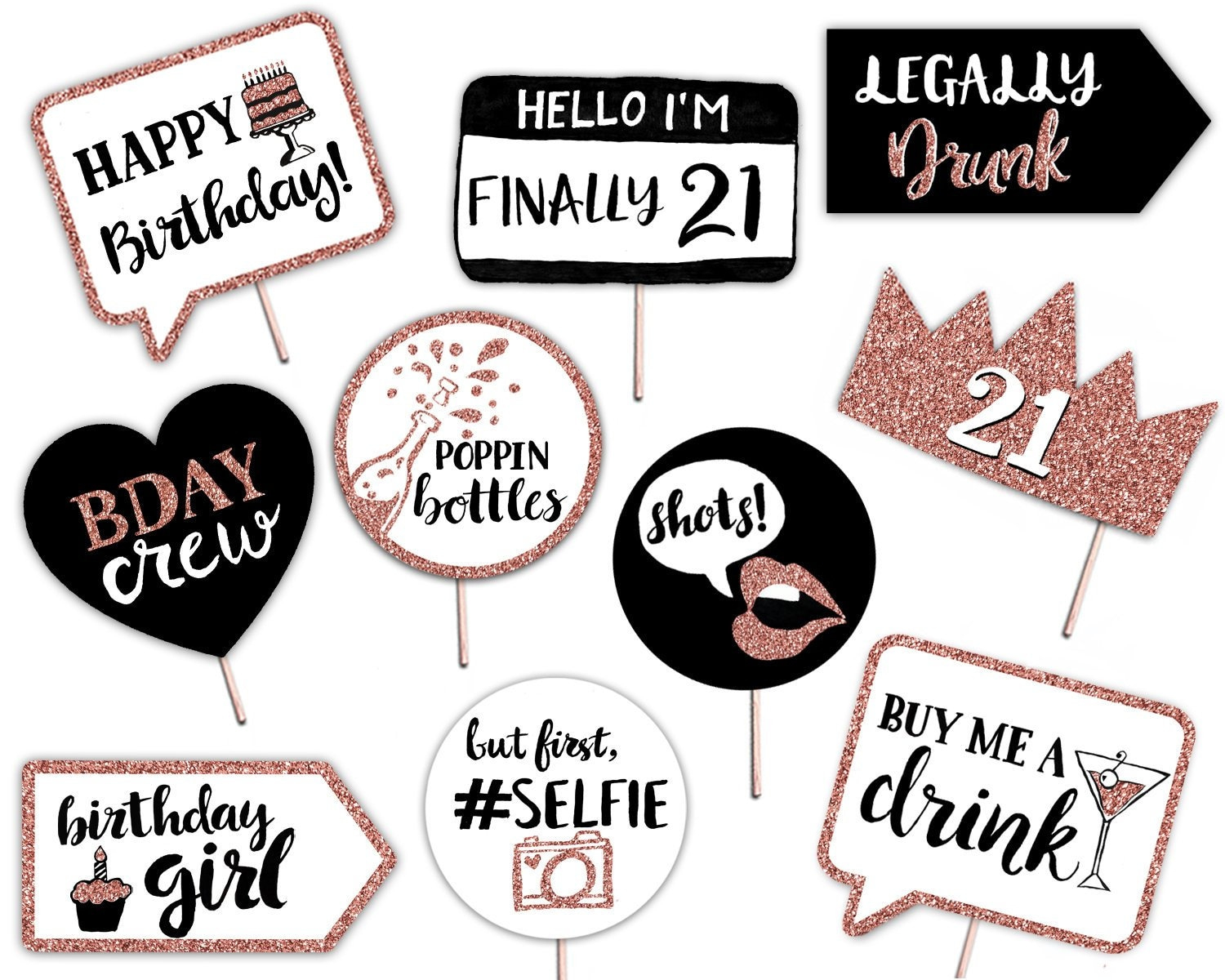 21st Birthday Printable Photo Booth Props Rose Gold Black Etsy Canada