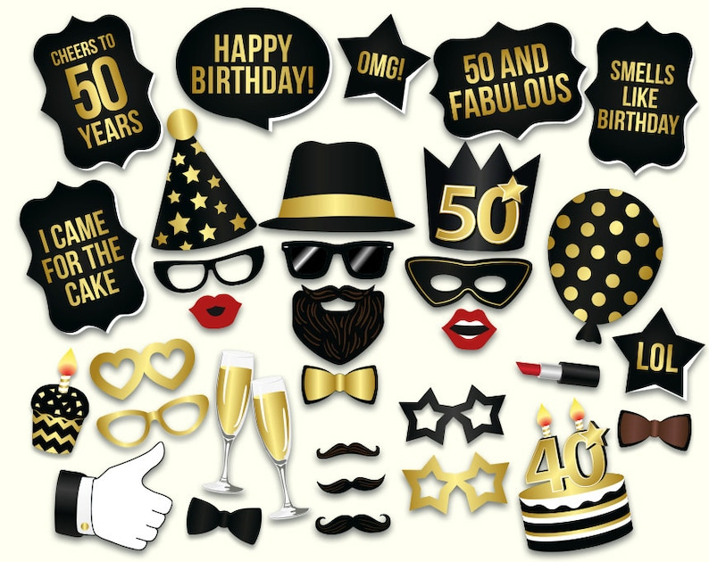 50th Birthday Photo Booth Props Printable PDF Black And Gold Etsy