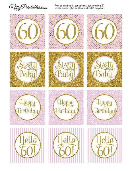 60th Birthday Cupcake Toppers Sixtieth Birthday Pink Gold Etsy