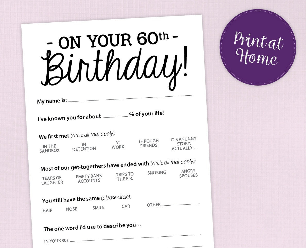 60th Birthday Party Game Card Funny Milestone Printable PDF Etsy