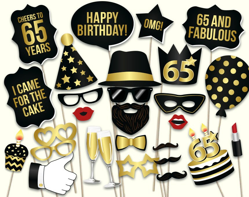 65th Birthday Photo Booth Props Printable PDF Black And Gold