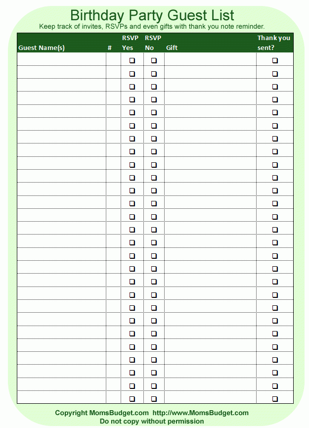 Birthday Party Guest List Printable Moms Budget