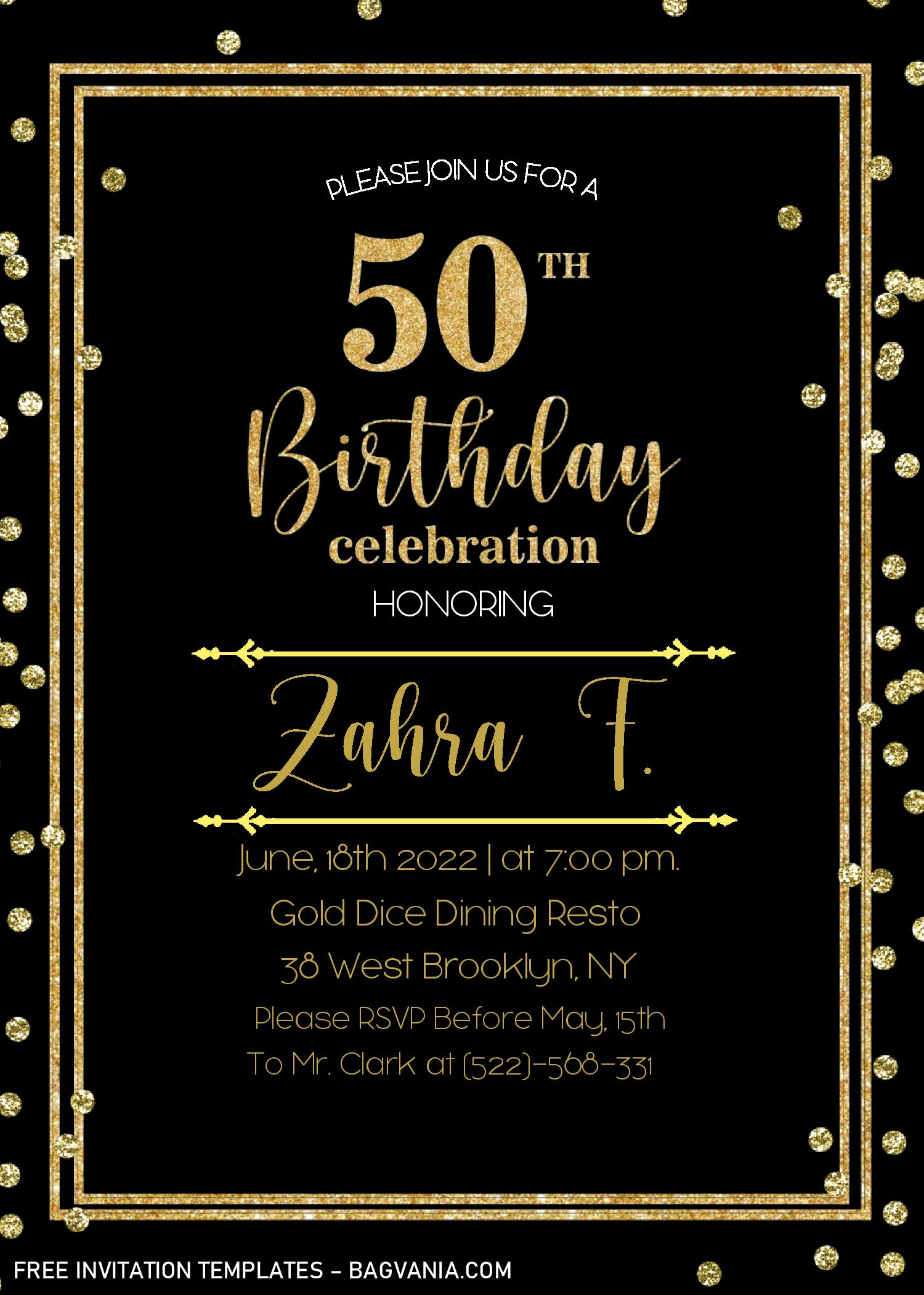 Black And Gold 50th Birthday Invitation Templates Editable With MS 