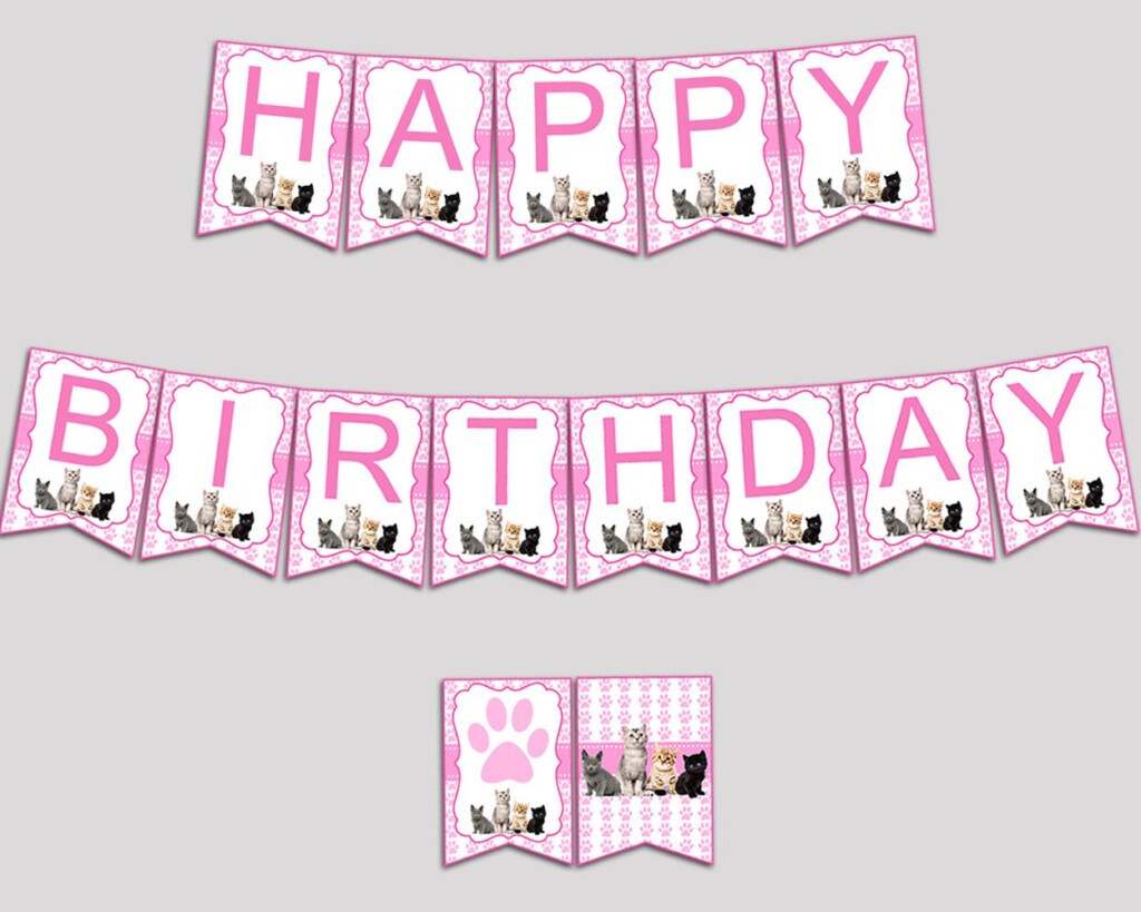 Cat Birthday Banner Cat Birthday Party Banner Pink White Happy Birthday 