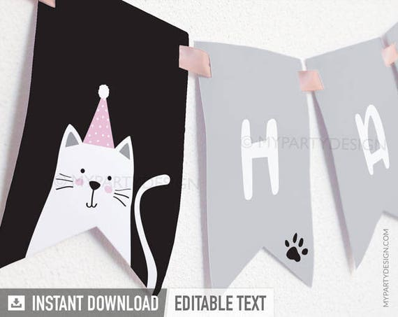 Cat Birthday Banner Kitty Cat Party Decorations Kitten Birthday 