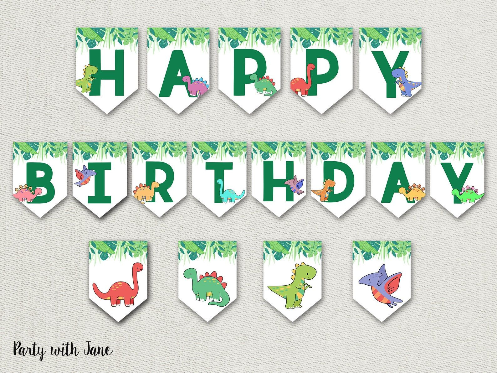 Dinosaur Happy Birthday Banner Bunting Flags Sign Dino Etsy Happy