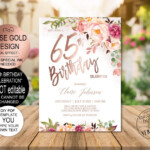 DIY 65th Birthday Invitation Template Blush Rose Gold Floral Etsy