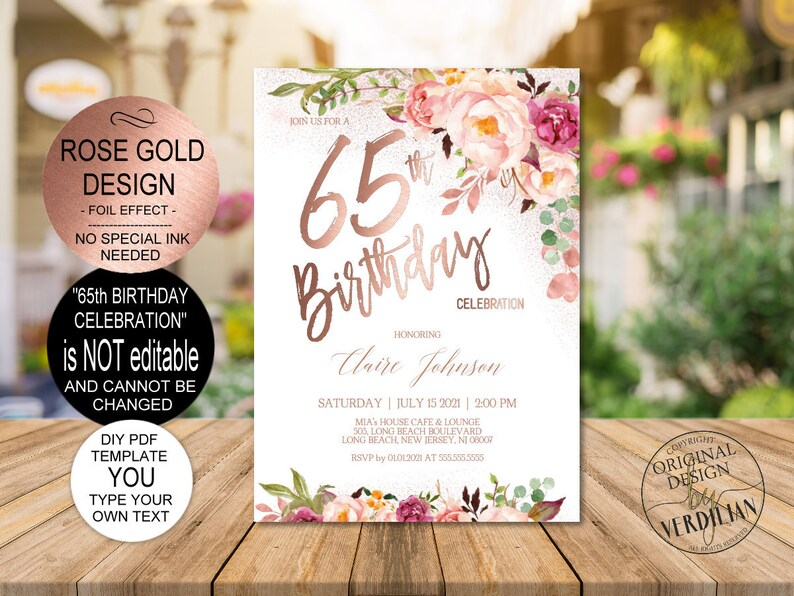 DIY 65th Birthday Invitation Template Blush Rose Gold Floral Etsy