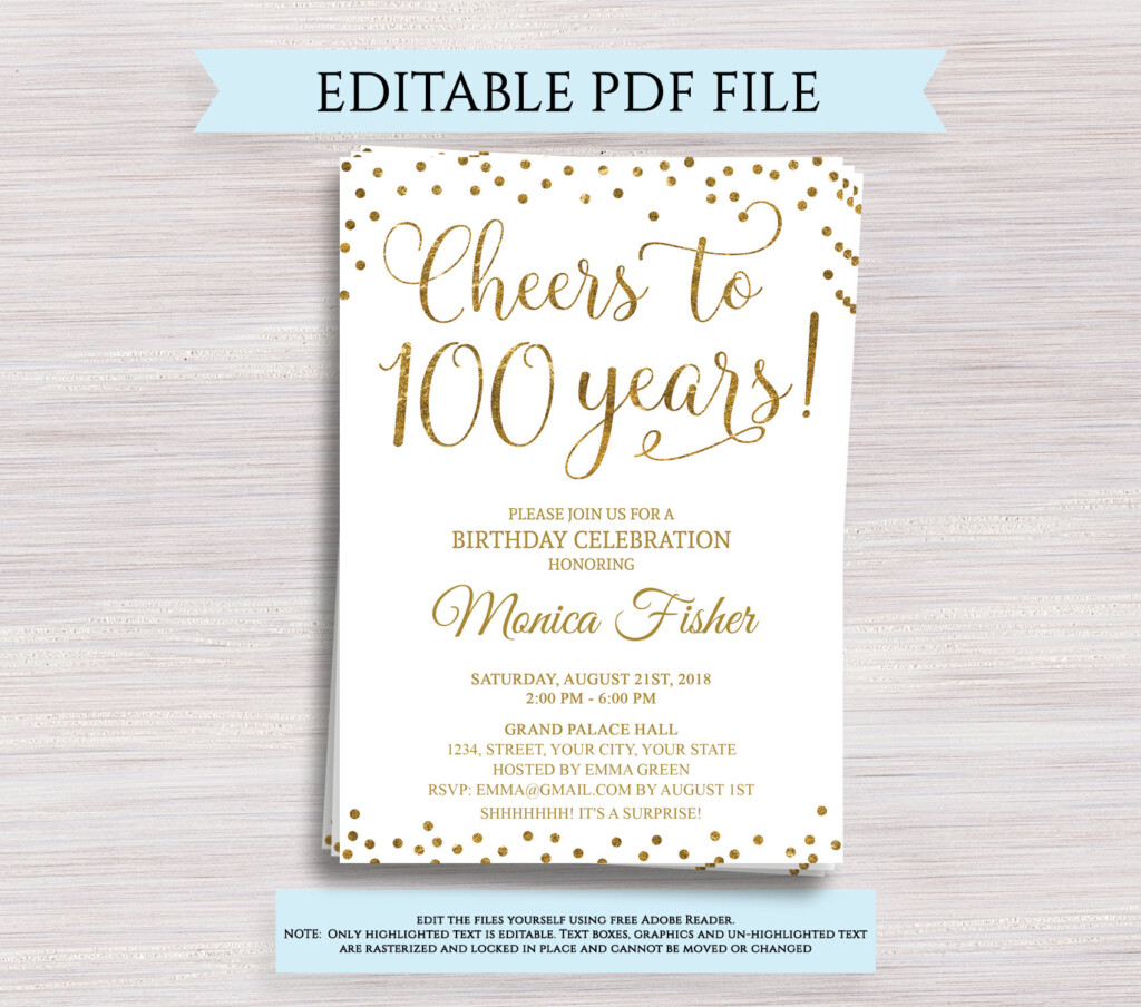 Editable 100th Birthday Party Invitation Template Cheers To Etsy