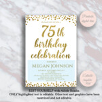 Editable 75th Birthday Invitation Gold Confetti 75 Years Etsy