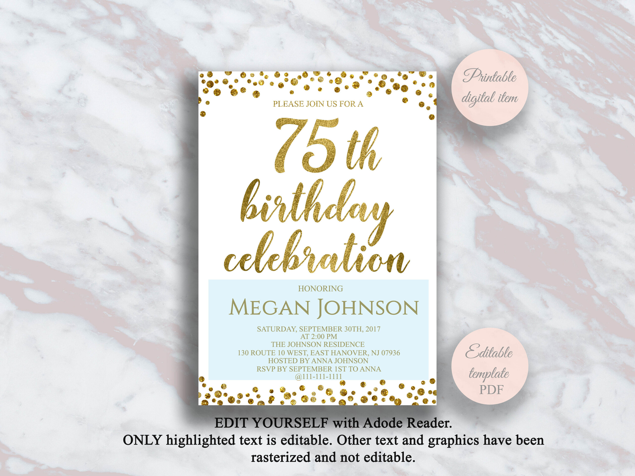 Editable 75th Birthday Invitation Gold Confetti 75 Years Etsy