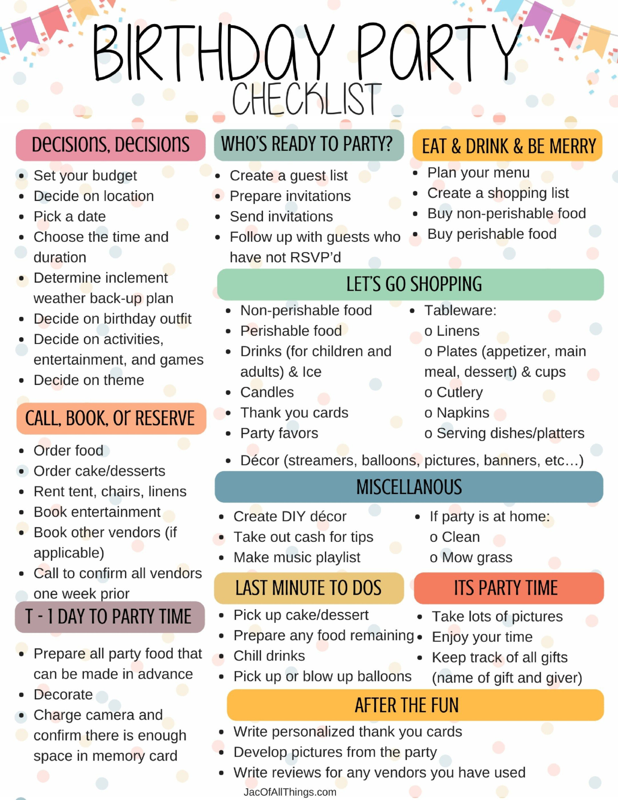 First Birthday Party Checklist Printable Terrilyn Queen