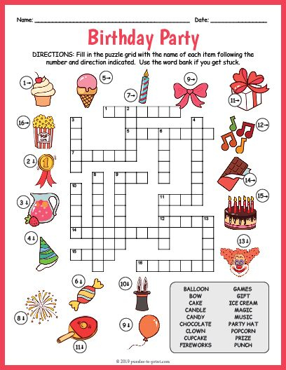 FREE Birthday Party Printable Birthday Crossword birthdayparty