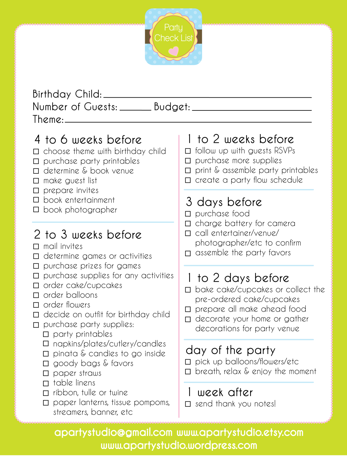 FREE Printable Party Checklist Birthday Party Planner Party 