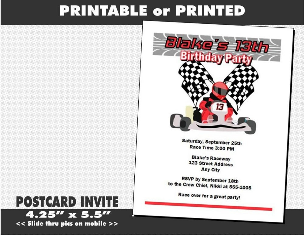 Go Kart Racer Party Invitation Printable With Printed Option