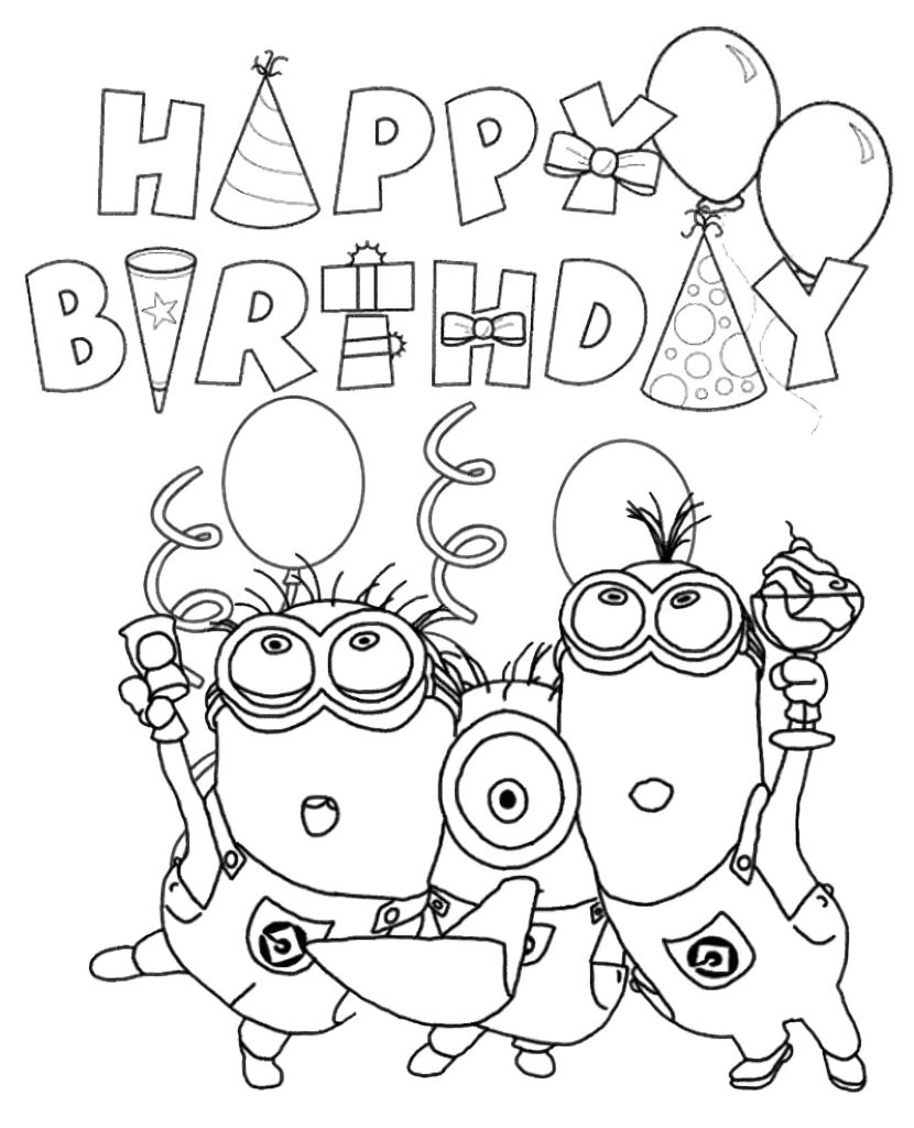 Happy Minions Celebrate Birthday Coloring Page FREE DOWNLOAD 