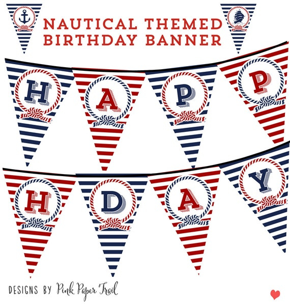 Nautical Happy Birthday Banner Bunting Pennant Print Your Own DIY 