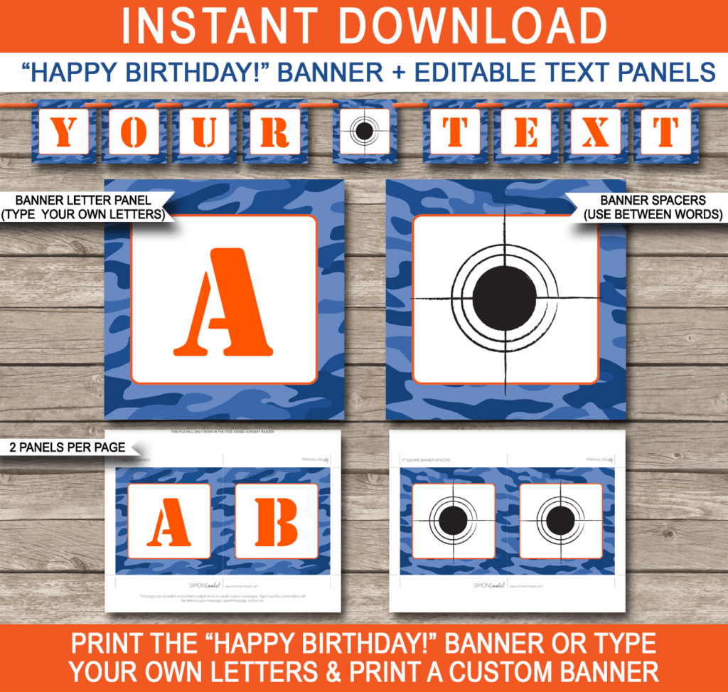 Nerf Printables Blue Camo Editable Birthday Party Templates