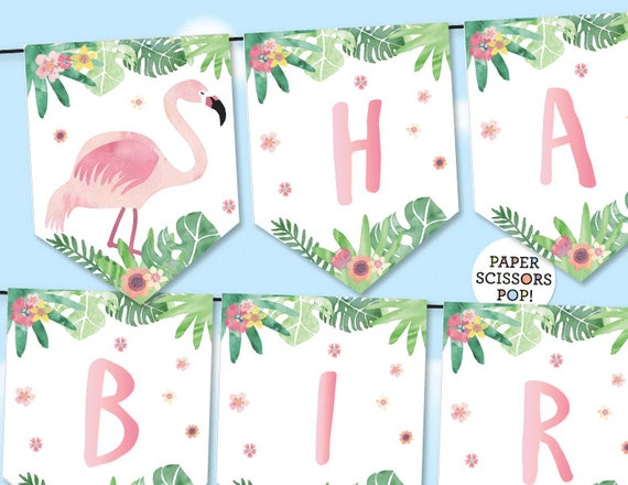 Pink Flamingo Birthday Banner Tropical Banner Watercolor Flamingo