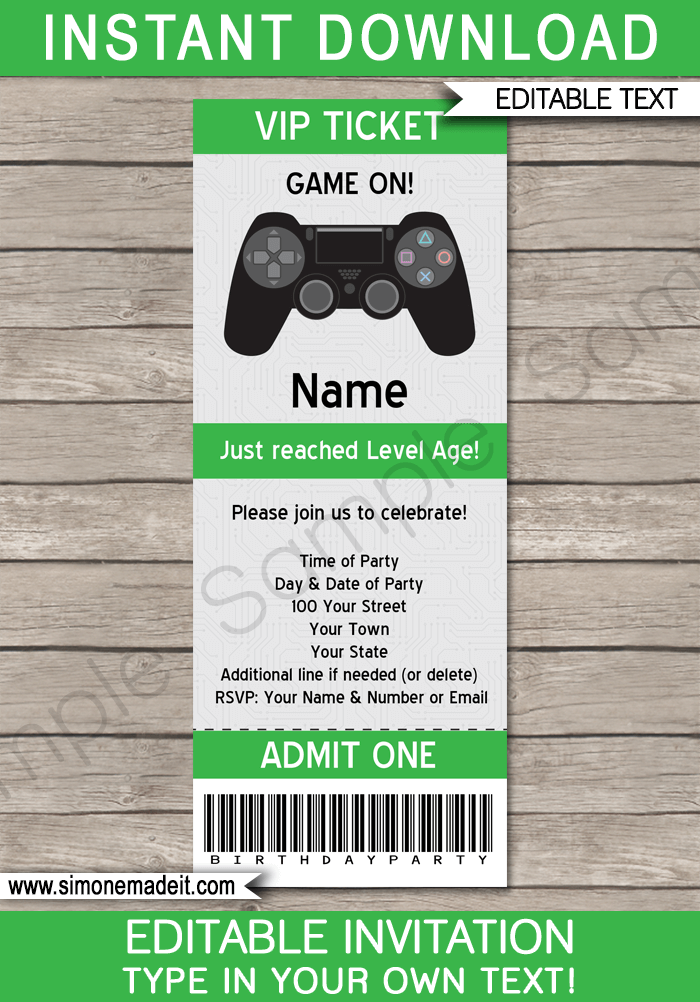 Playstation Party Ticket Invitation Template Green Video Game Party 