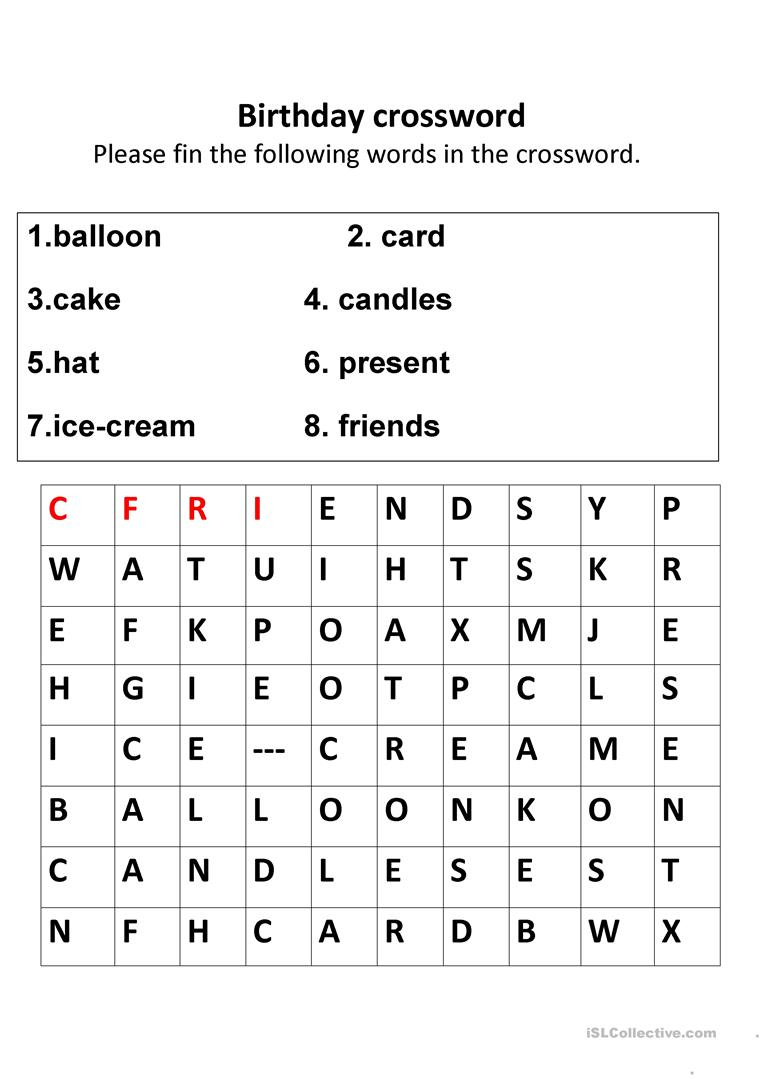 Printable Birthday Crossword Puzzles Printable Crossword Puzzles