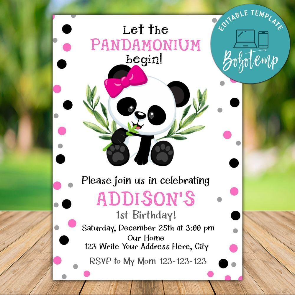 Printable Girl Panda Bear Birthday Invitation Instant Download 