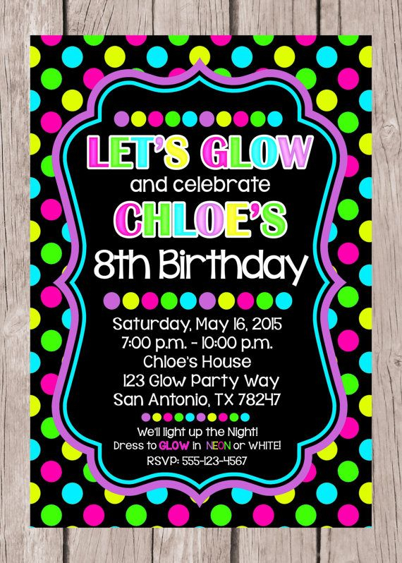 PRINTABLE Glow Birthday Party Invitation Neon Polka Dots Etsy 