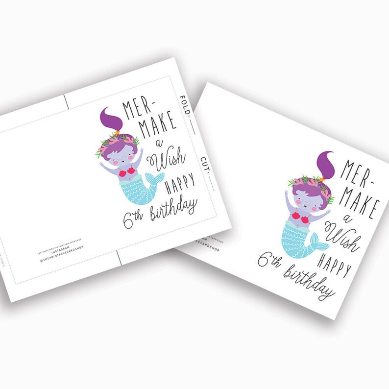 Printable Mermaid Birthday Cards Girls 6th Birthday Cards Etsy