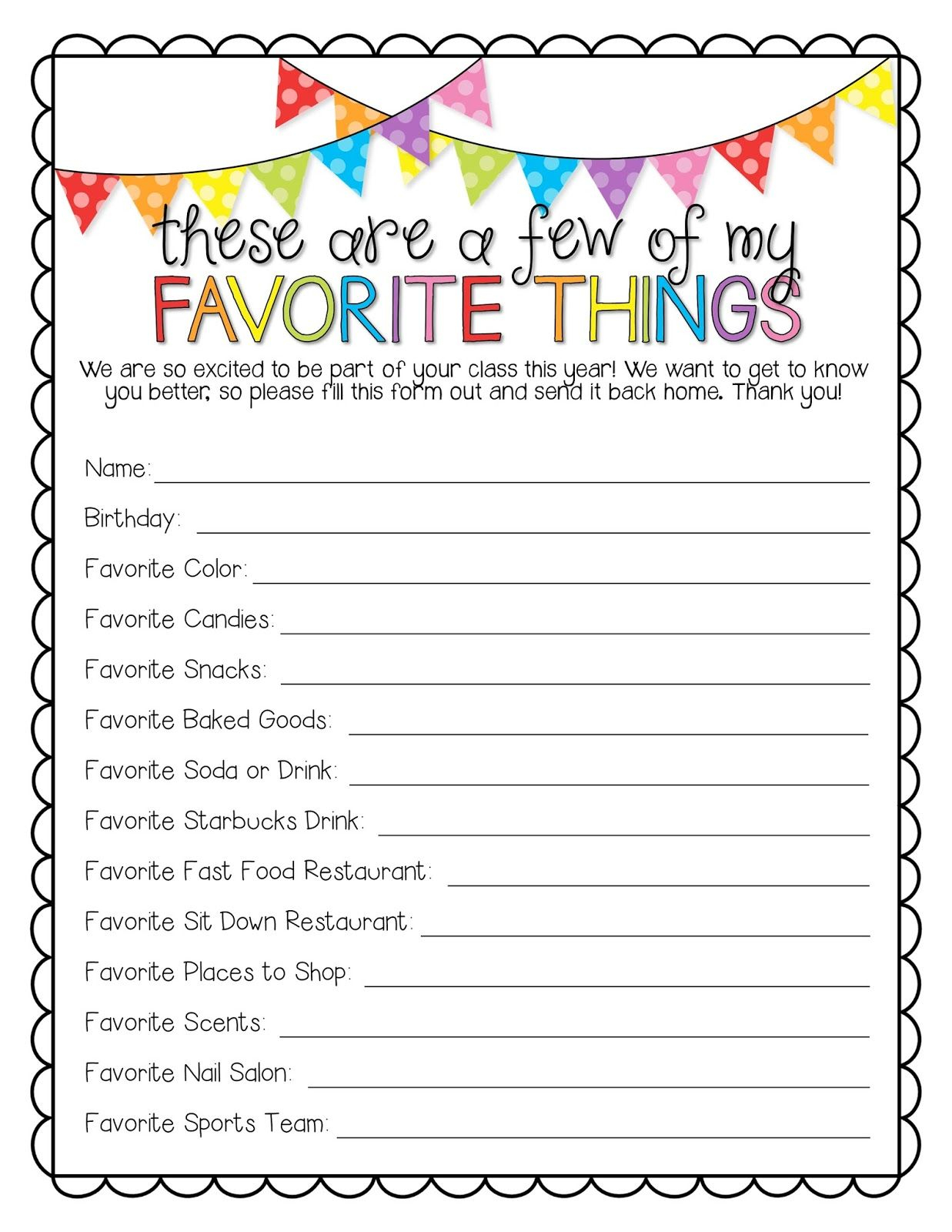 Teacher Questionnaire Free Printable Teacher Favorite Things 