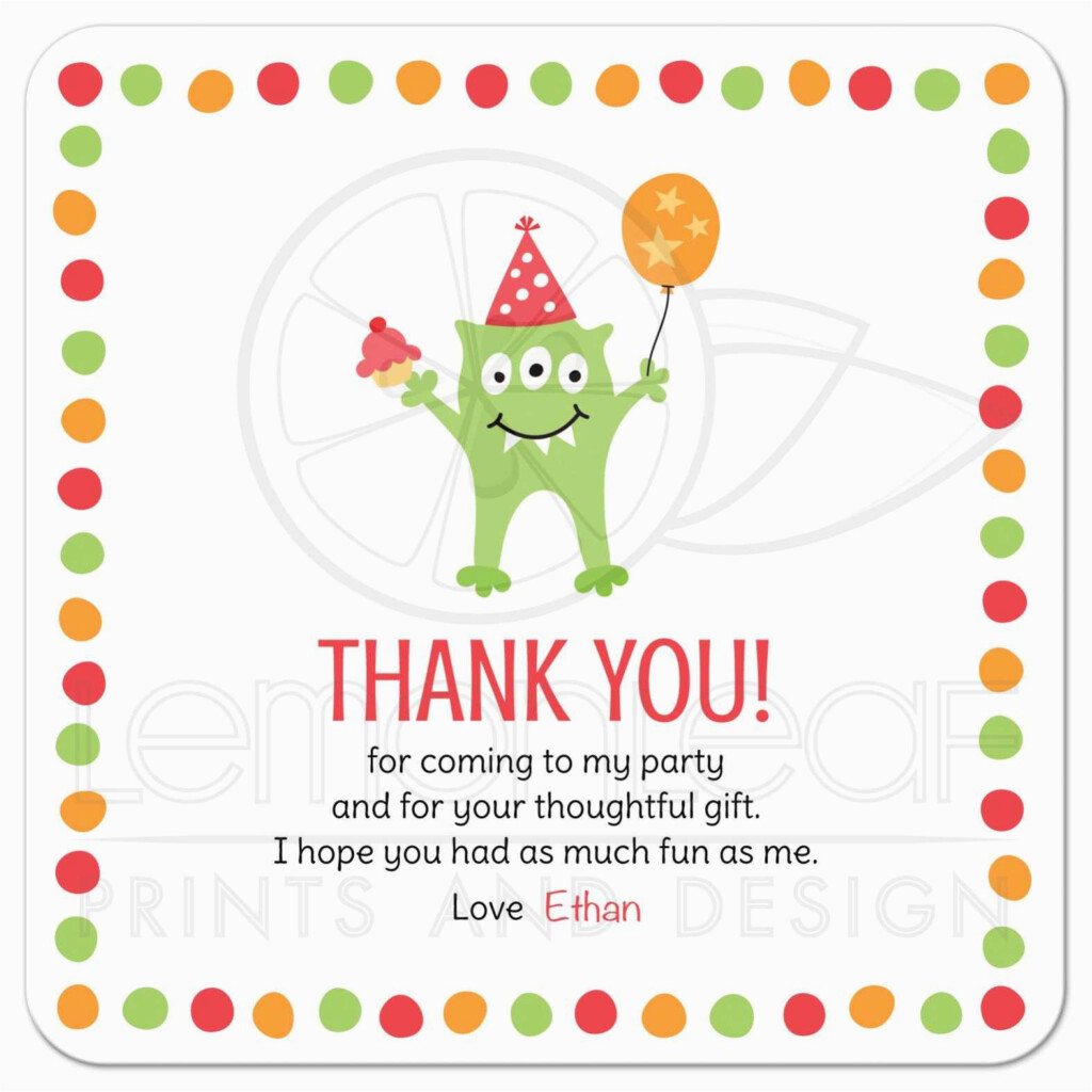 Thank You Card For Kids Birthday Monster With Three Eyes Balloon And 