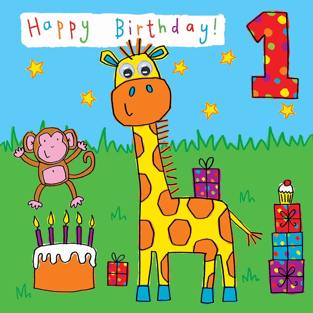 Twizler 1st Birthday Card For Child With Giraffe And Monkey One Year 