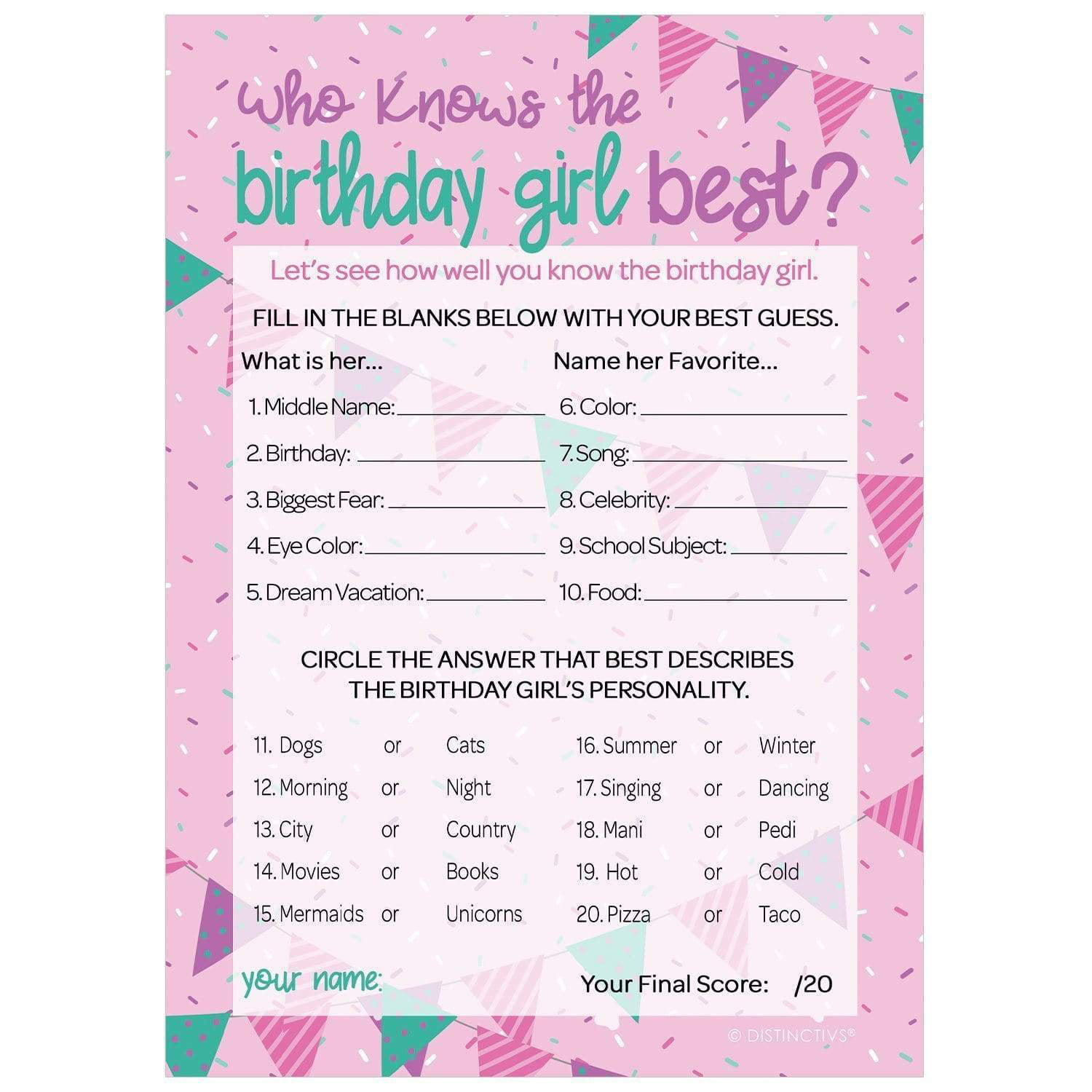 Who Knows The Birthday Girl Best Birthday Party Game 10 Player Cards 