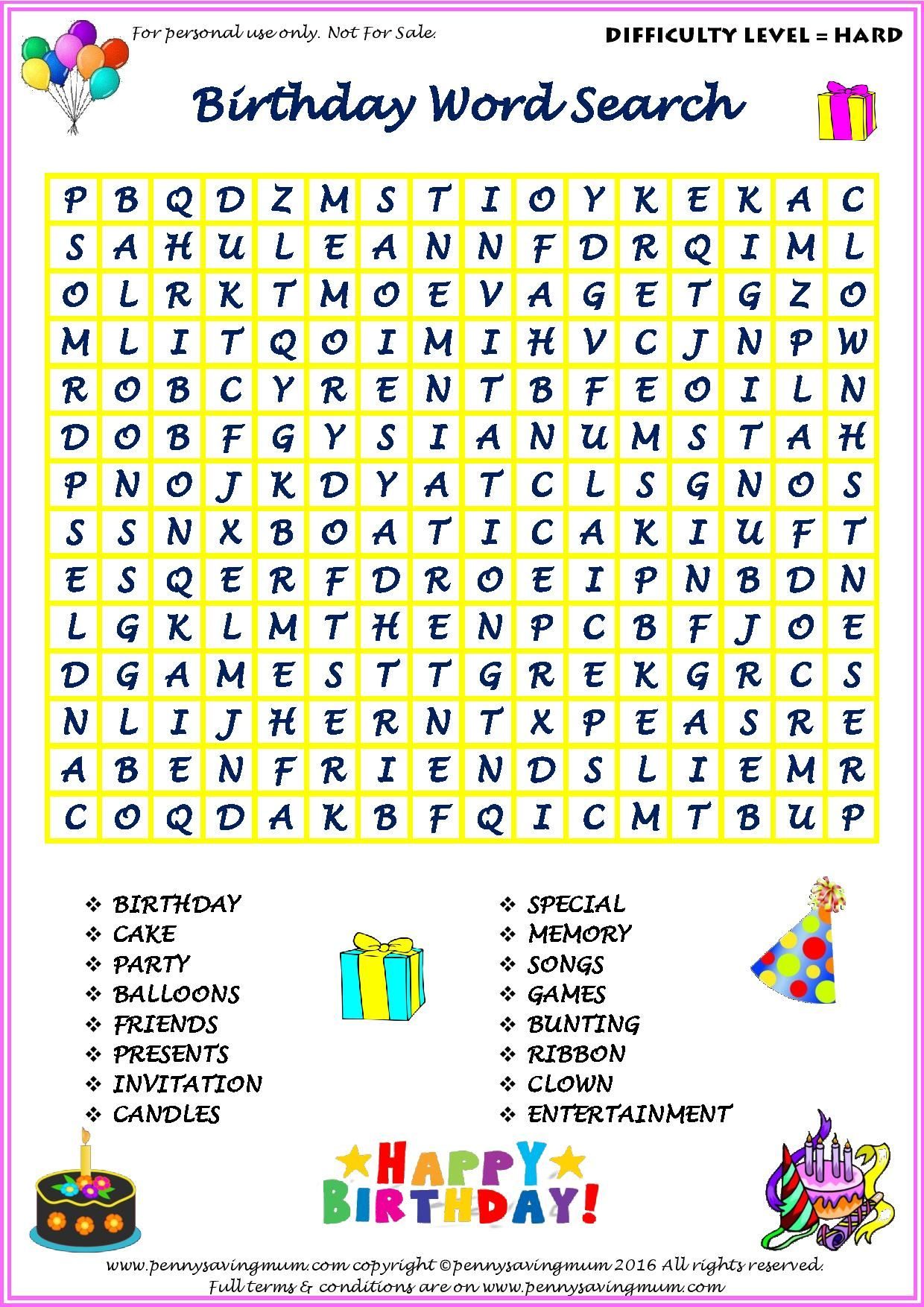 Word Search Birthday Hard Version PDF Kids Word Search Birthday 