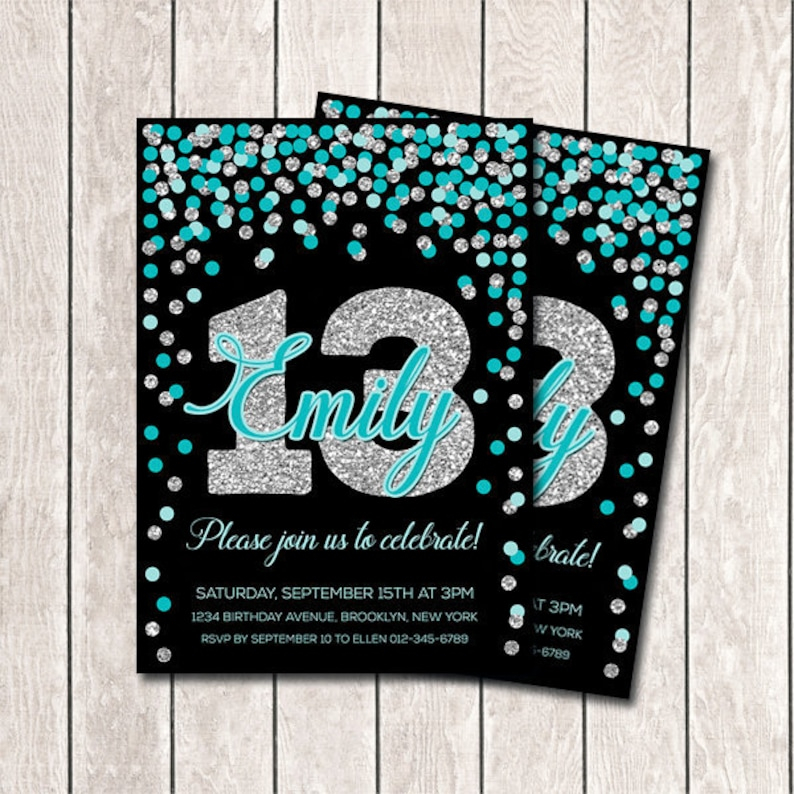 13th Birthday Invitation Printable Teal And Silver Confetti Etsy