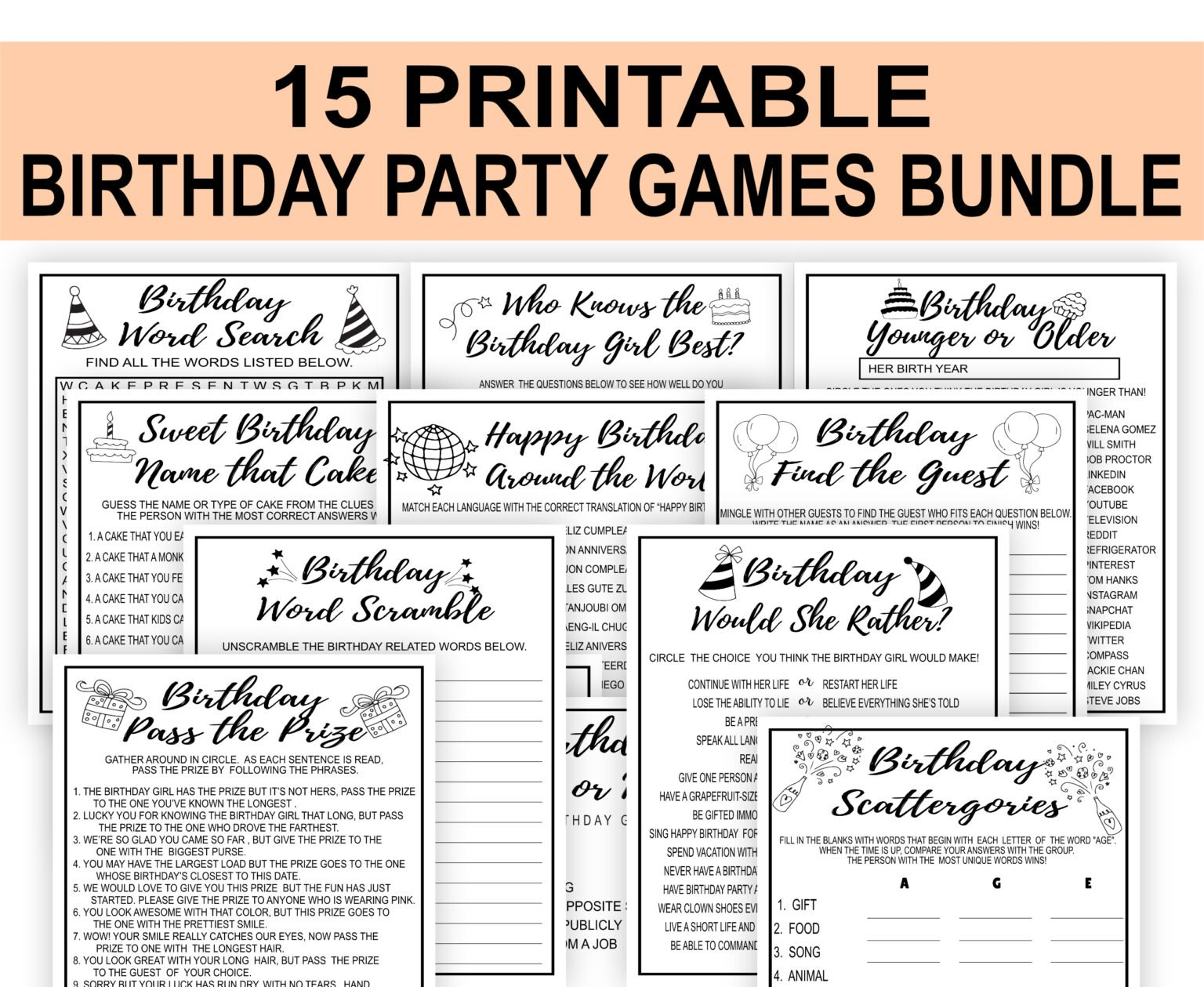 15 PRINTABLE BIRTHDAY PARTY GAMES BUNDLE Printables Depot