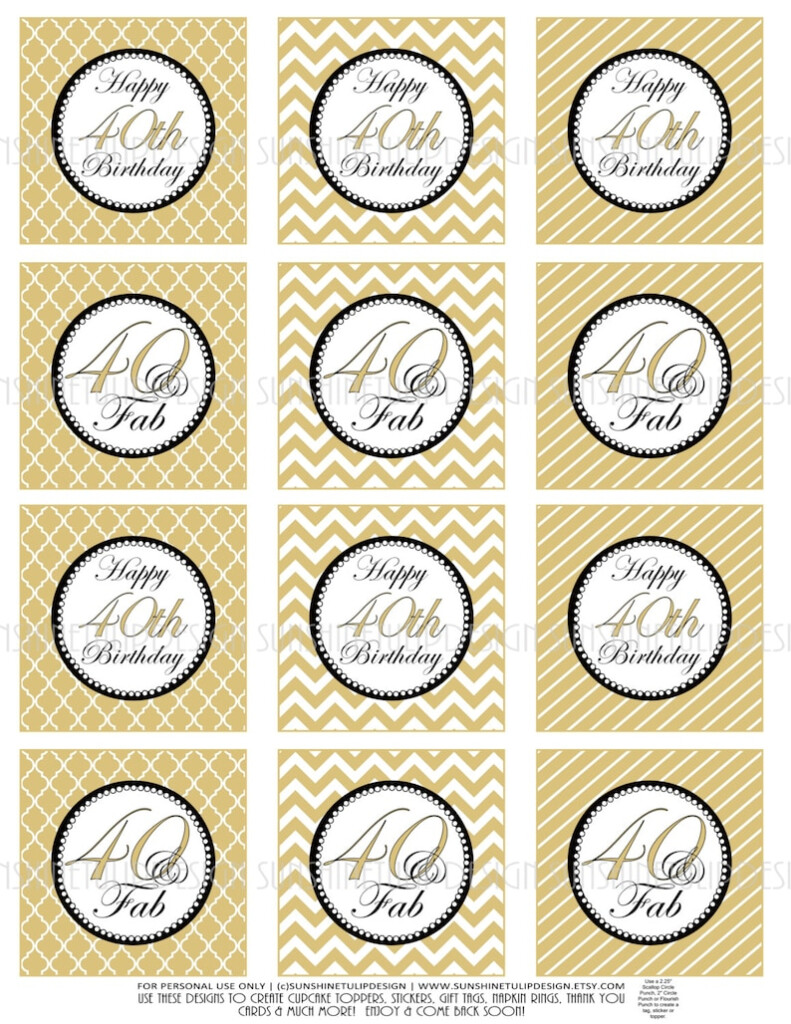 40th Birthday Cupcake Toppers Printable Gold And Black 40th Etsy