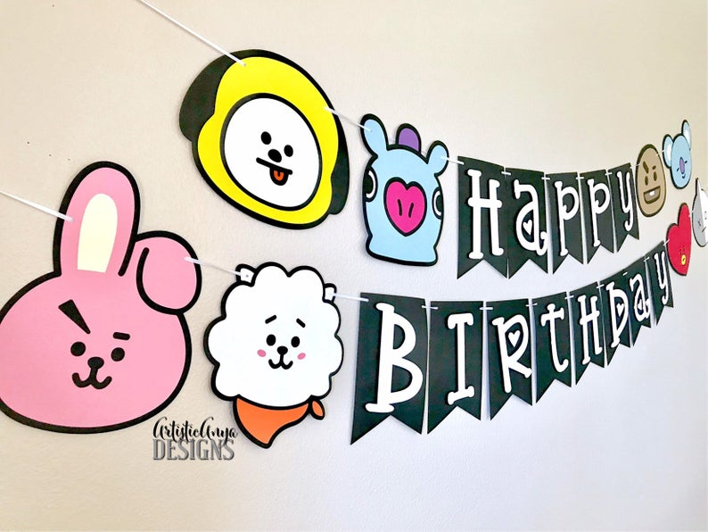 BT21 Birthday Banner BTS Themed Birthday Black White Etsy In 2021 