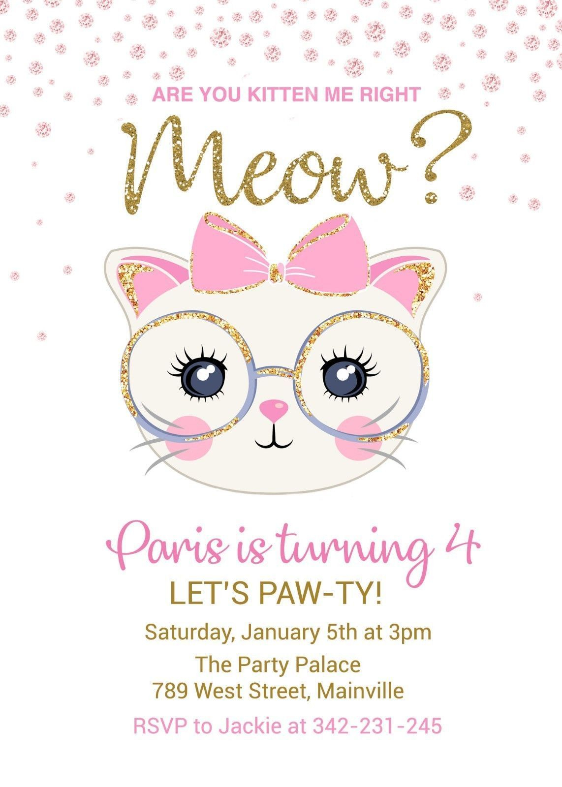 Cat Kitten Kitty Birthday Party Invitation Girl Gold Printable 