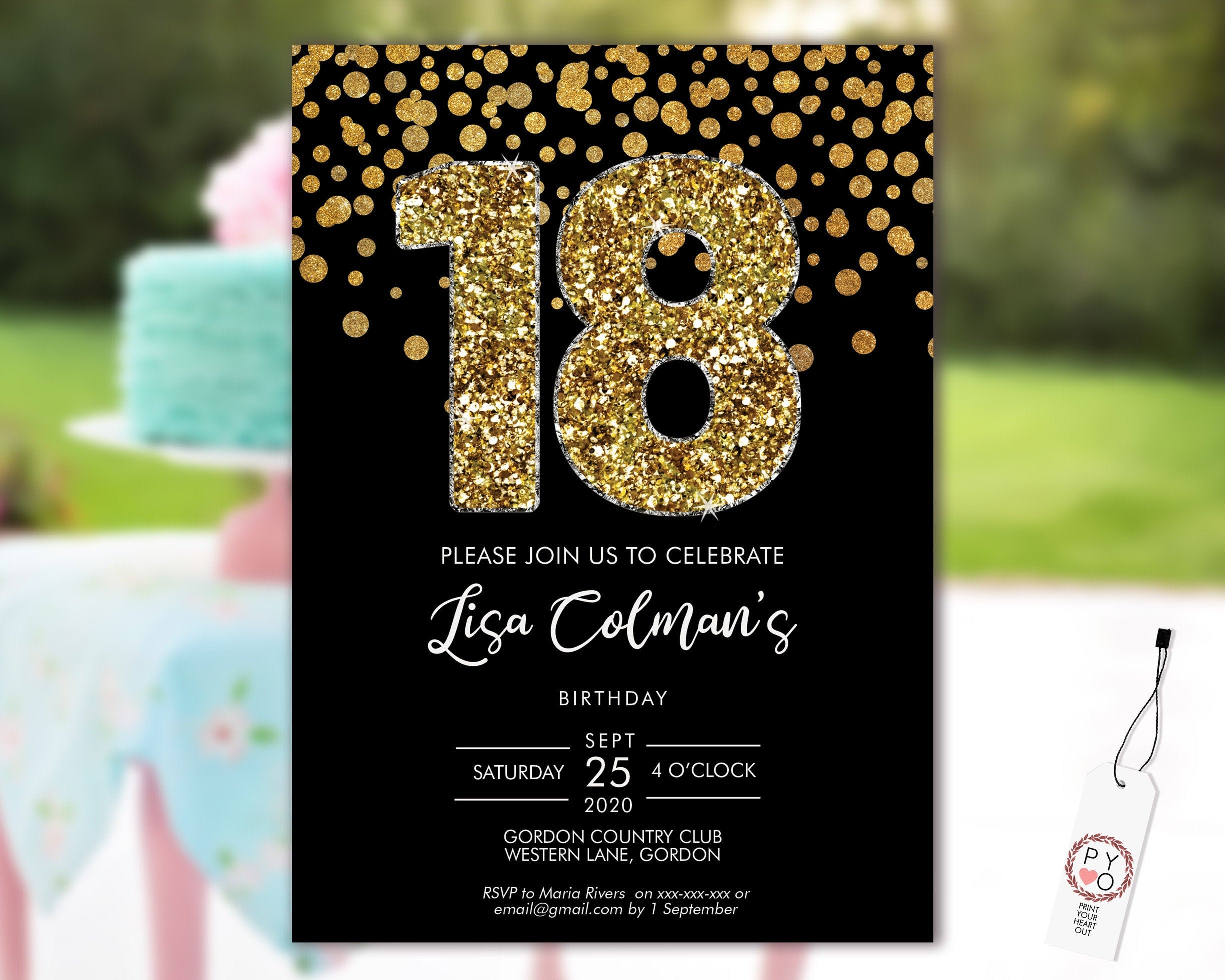 DIY 18th Birthday Confetti Invitation Printable Template Black Gold 