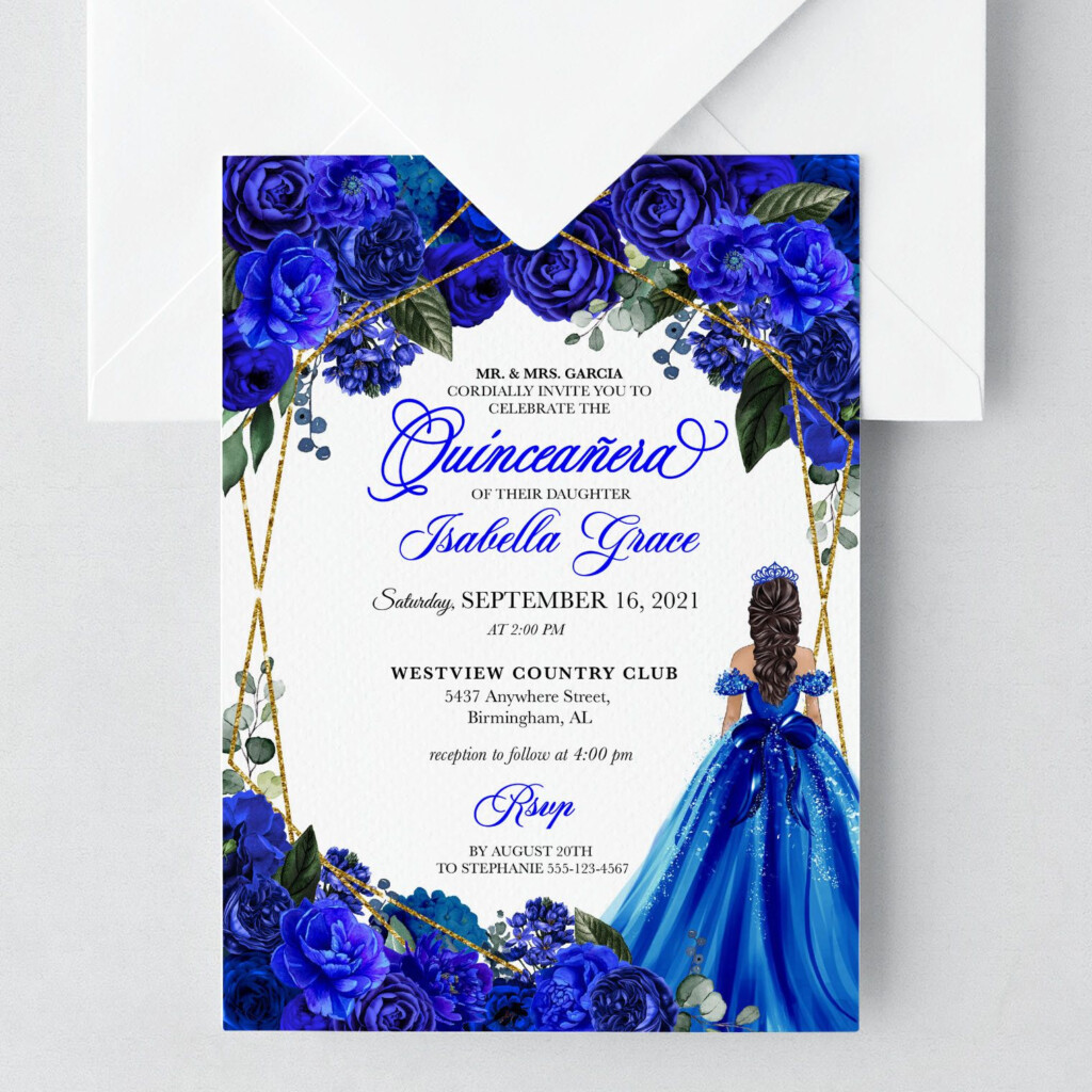 EDITABLE Invitation Elegant Royal Blue Floral Quinceanera Invitation 