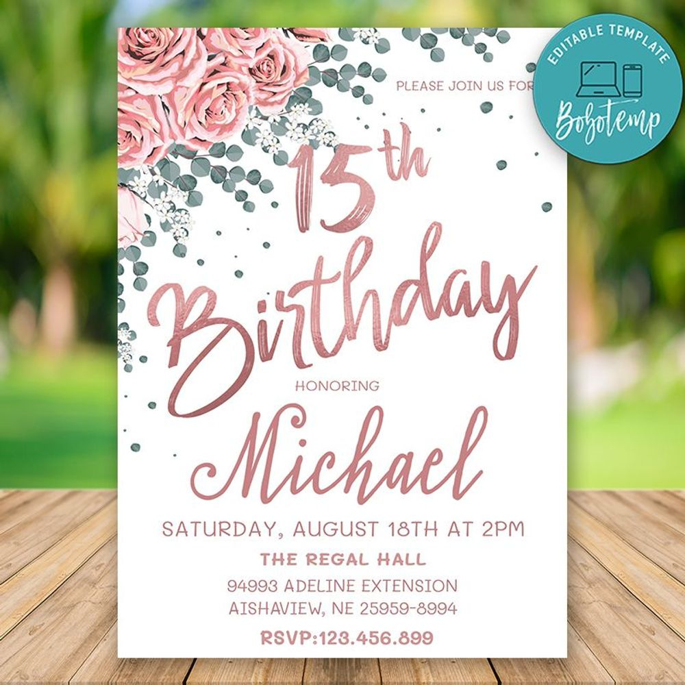 Editable Rose Gold 15th Birthday Invitation Instant Download Bobotemp