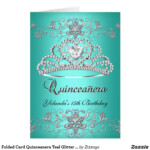 Folded Card Quinceanera Teal Glitter Tiara Photo Quinceanera Planning