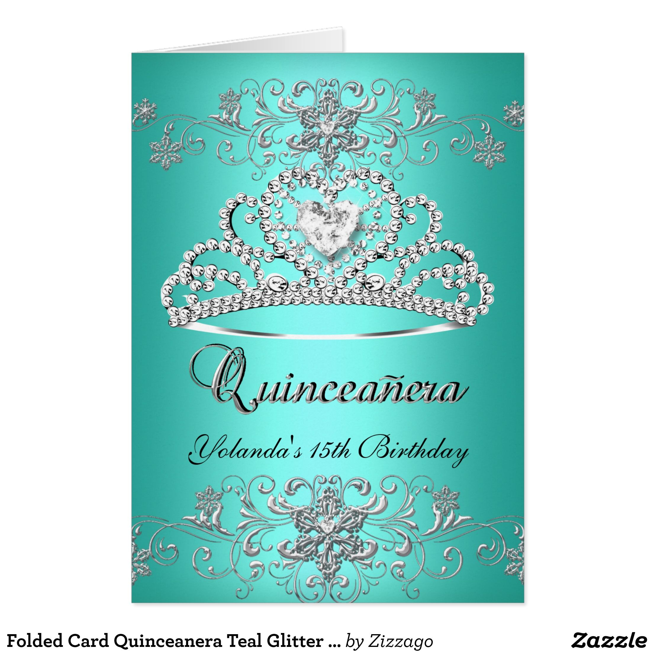 Folded Card Quinceanera Teal Glitter Tiara Photo Quinceanera Planning 