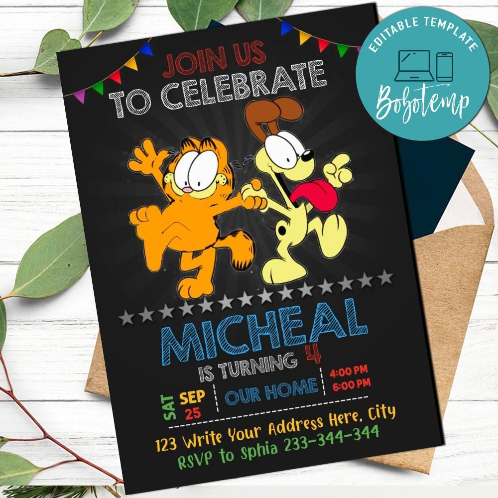 Garfield Birthday Invitation Printable Instant Download Bobotemp