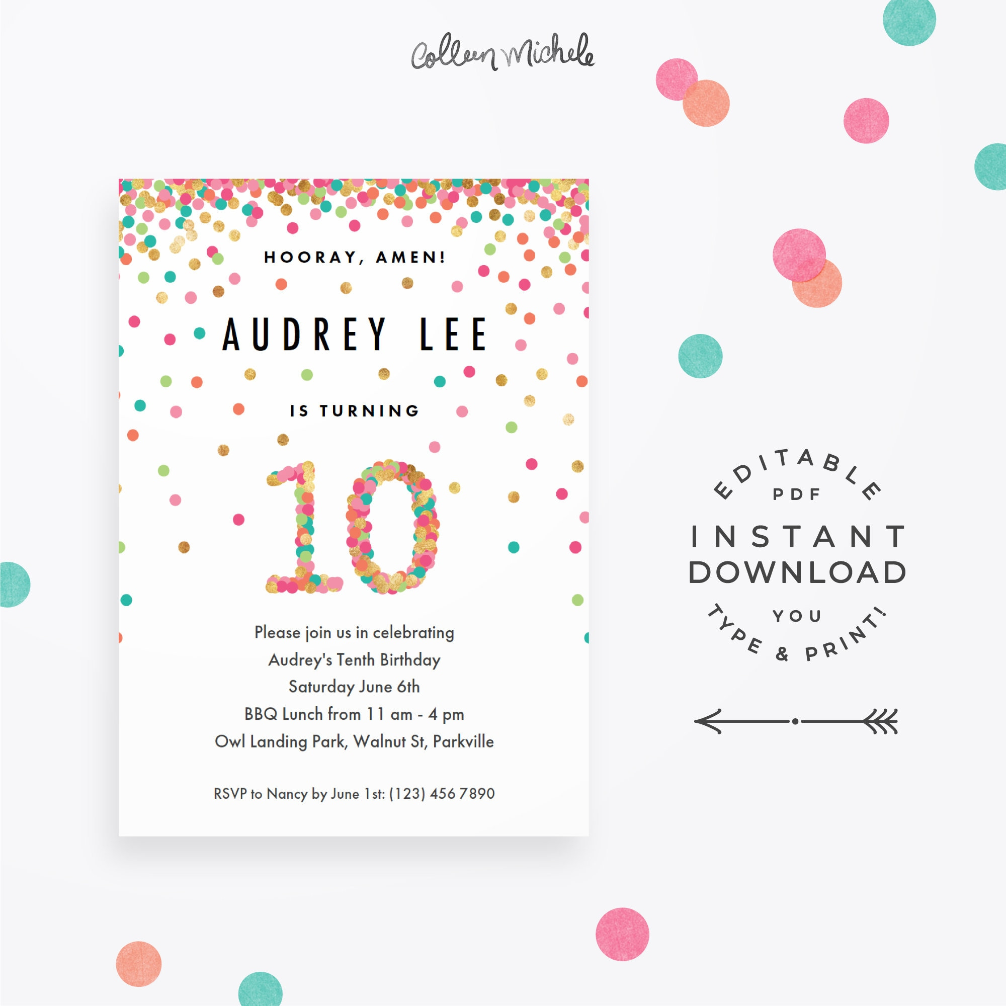 Girls 10th Birthday Invitation Instant Download Printable Etsy