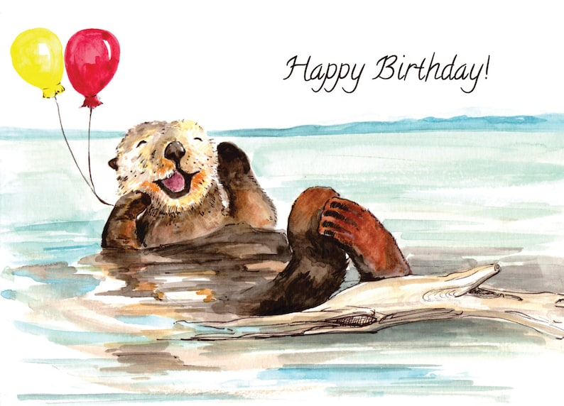 Happy Birthday Sea Otter Watercolor Card Etsy