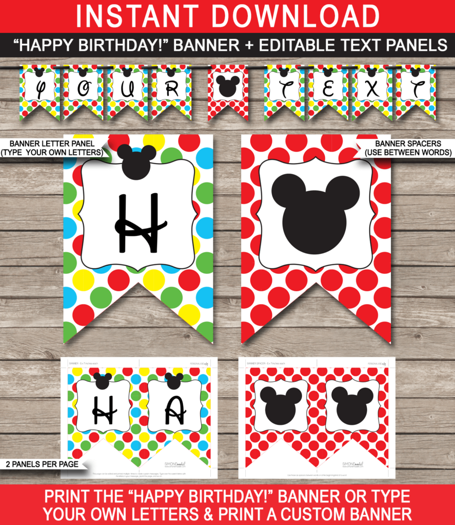 Mickey Mouse Party Banner Template Birthday Banner Editable Bunting