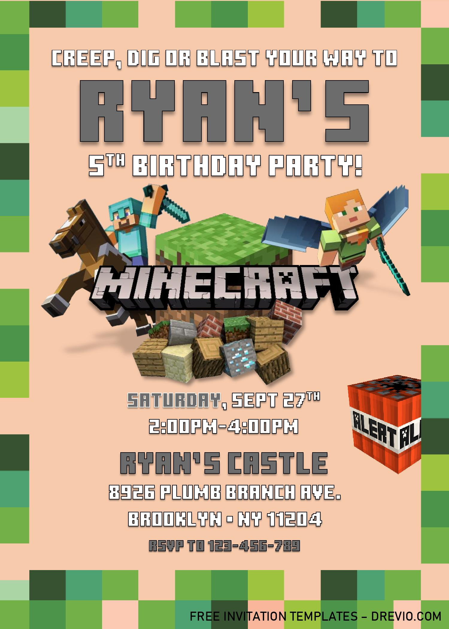 Minecraft Birthday Invitation Templates Editable With MS Word 