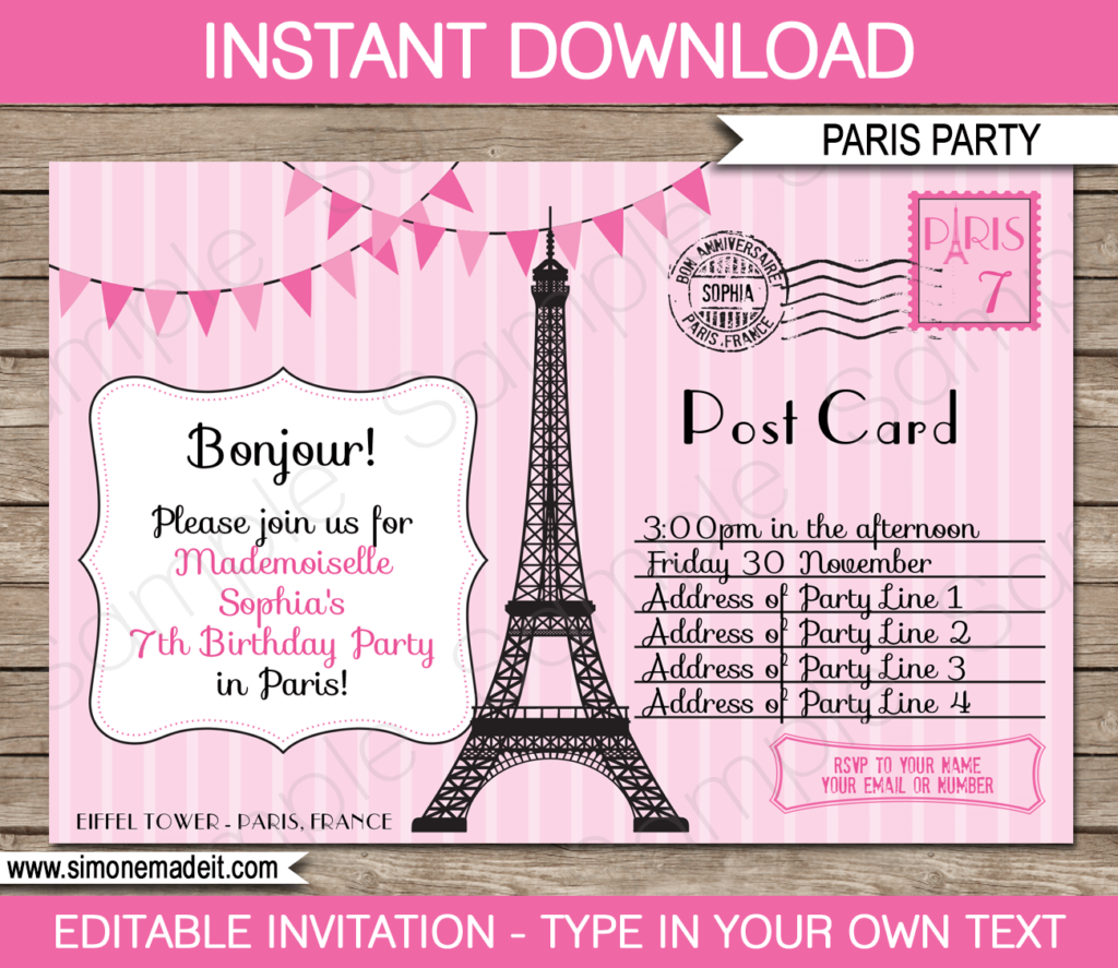 Paris Party Invitations Template Printable Postcard To Paris Birthday 